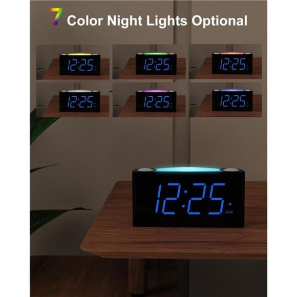 Digital Alarm Clock Bedroom 7 Color Night Light USB Chargers Large Number Screen - Picture 4 of 5